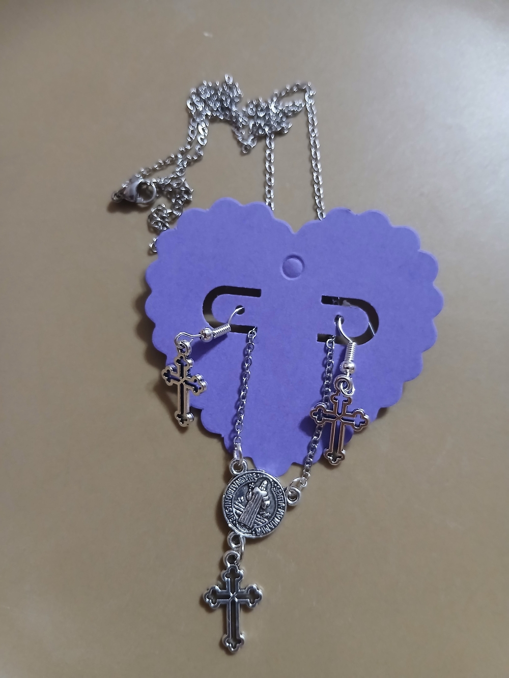 Silver St. Benedict Cross Pendant Necklace & Matching Cross Earrings